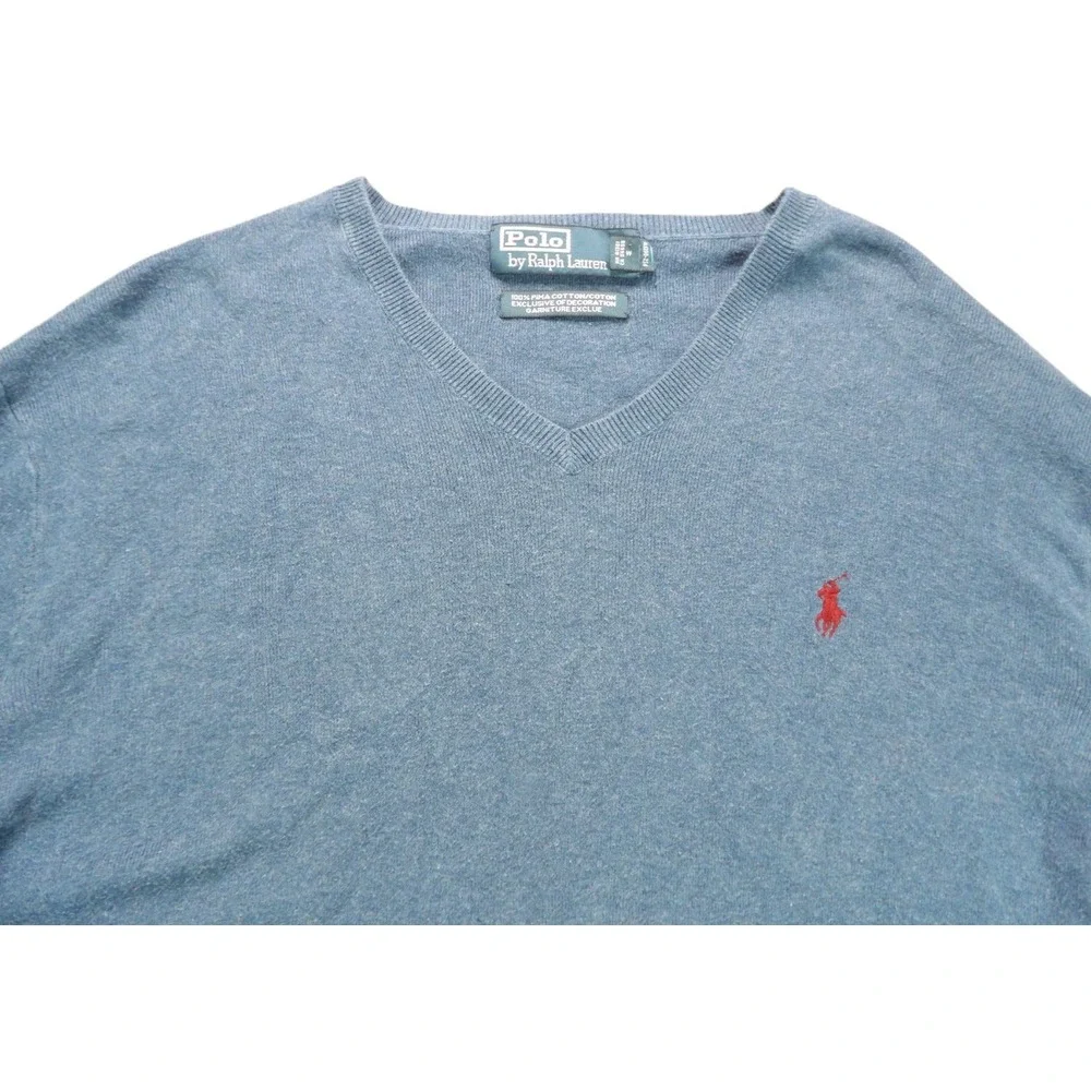 Polo by Ralph Lauren V Neck Sweater Men L Blue Pima Cotton Pony Classic Pullover